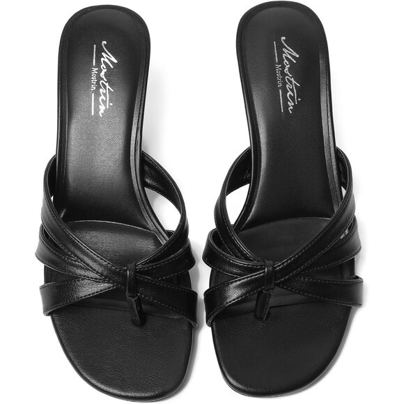 Women Strappy Kitten Black Heels Open Toe Mules Thong Sandal for Party Wedding - Picture 9 of 9